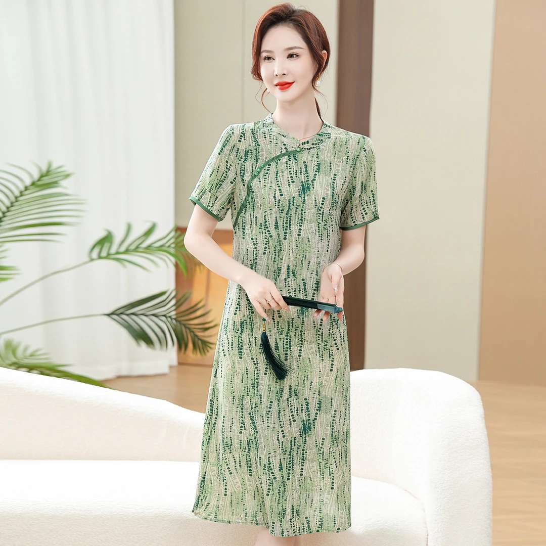 中式连衣裙中老年夏季中长款妈妈旗袍裙气质妈妈夏装裙子高贵