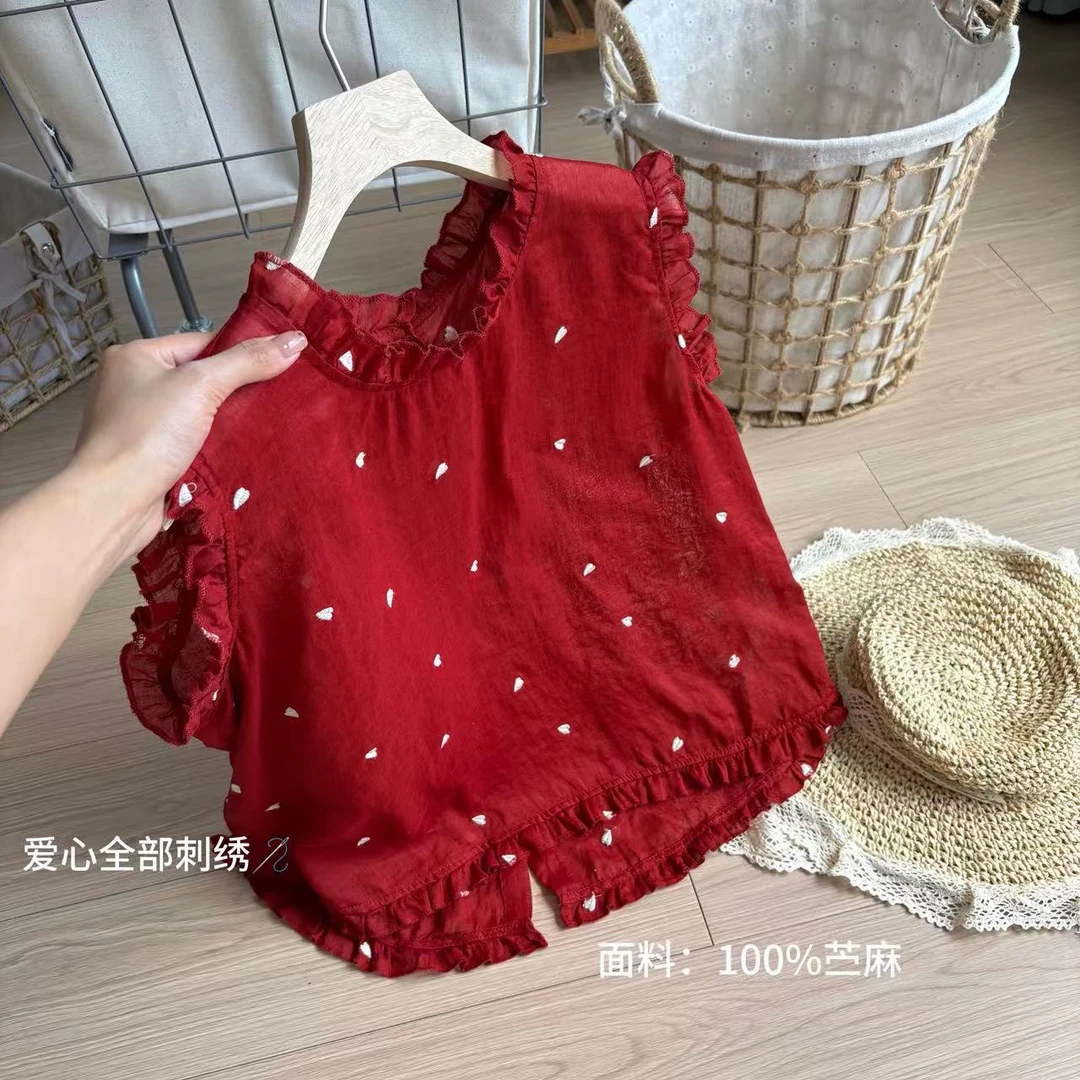 小柒家A00261-夏季木耳边文艺显瘦流行单排扣红色背心独特小衫