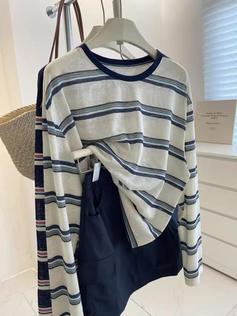 韩系蓝色松弛感设计感薄款防晒衫女2025慵懒风宽松百搭长袖T恤