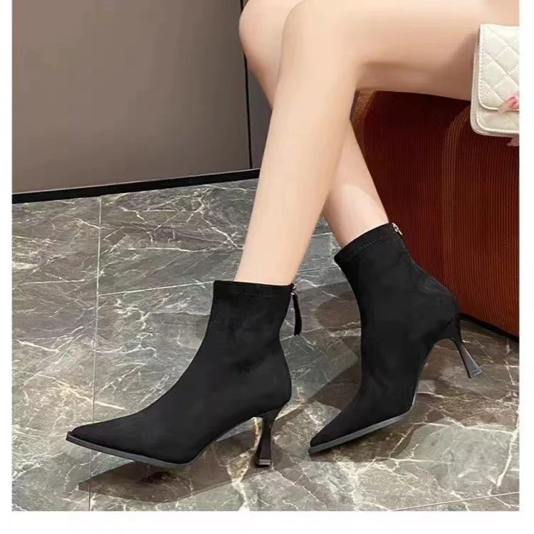 秋冬新款韩版通勤瘦瘦简约粗跟裸靴短靴72-8012(不加绒)