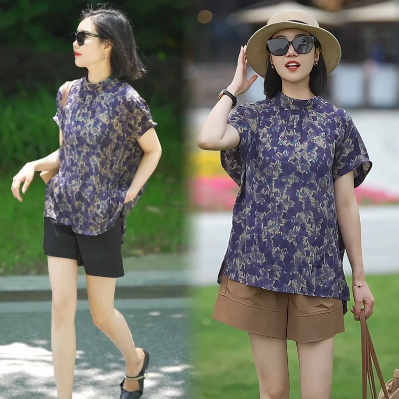 夏季新款休闲复古印花衬衫宽松时尚上衣女士短裤遮肉显瘦两件套装