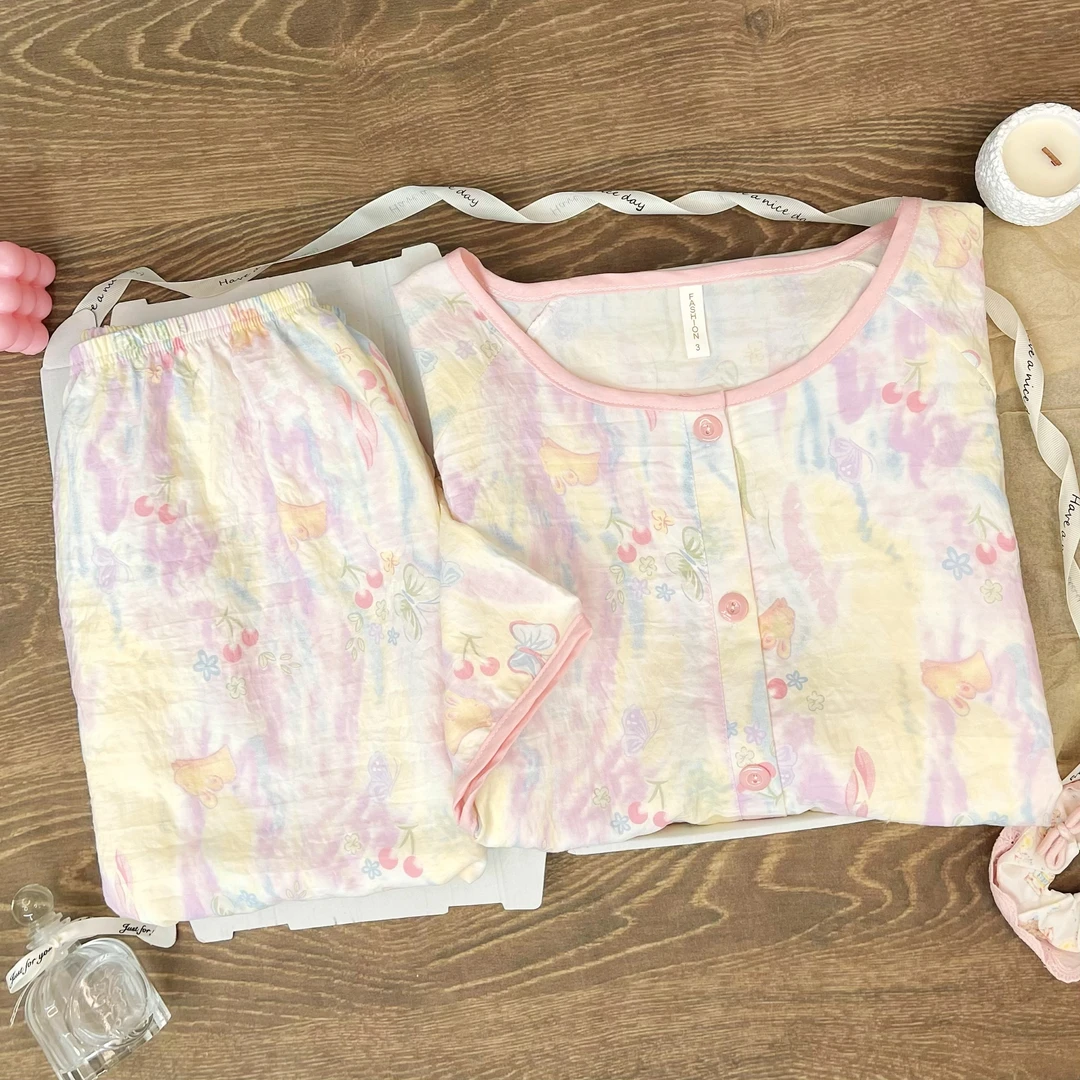 《短袖长裤》夏季微胖女生大码女胖mm200斤睡衣女套装款甜美家居服