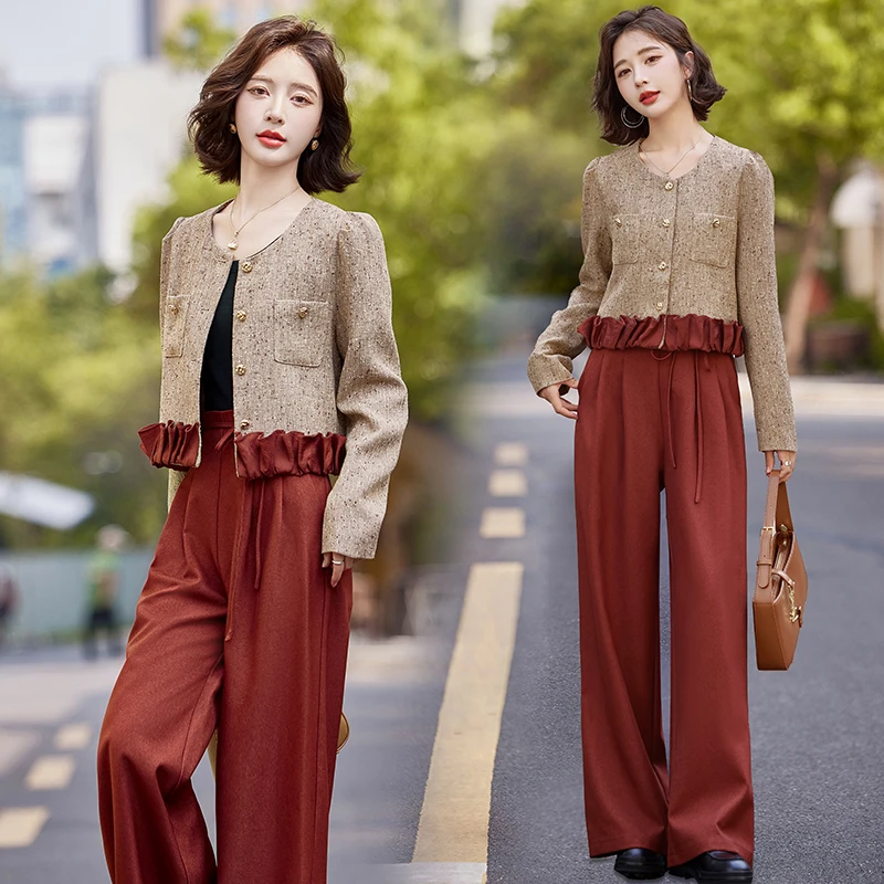 小香风套装女2025春新款高级感法式气质超火通勤阔腿裤两件套