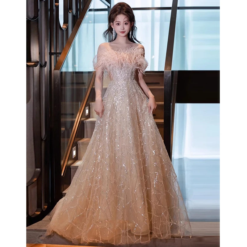 晚礼服订婚裙女一字肩高端轻奢小众成人礼毕业法式羽毛敬酒服晨袍