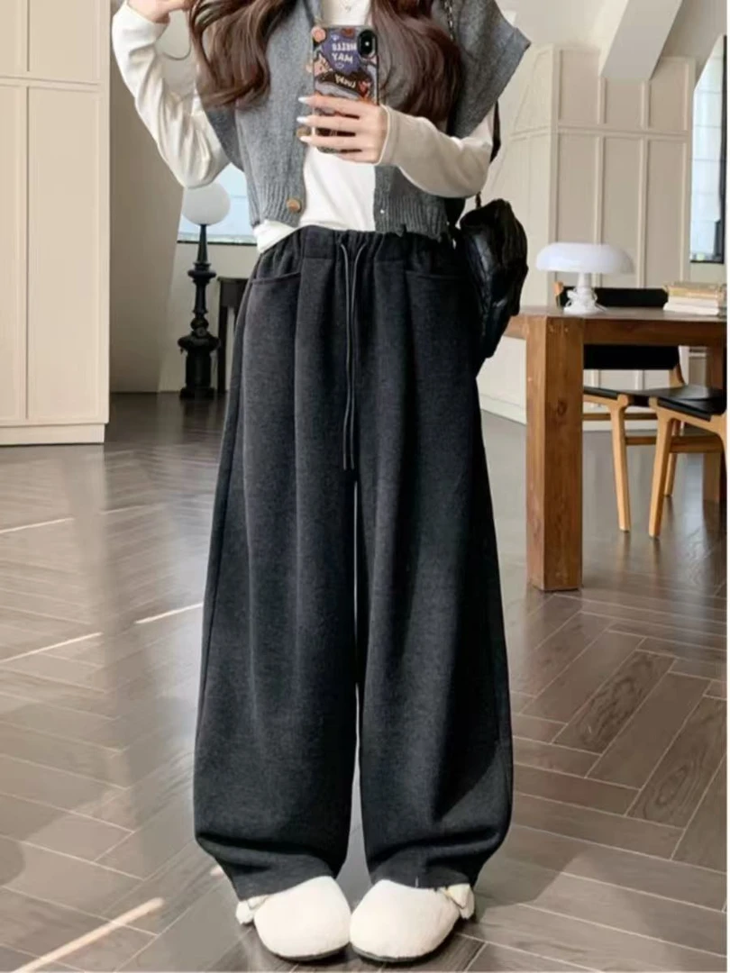 慵懒风云朵绒阔脚裤加绒加厚女秋冬季新款裤子韩版显瘦直筒裤