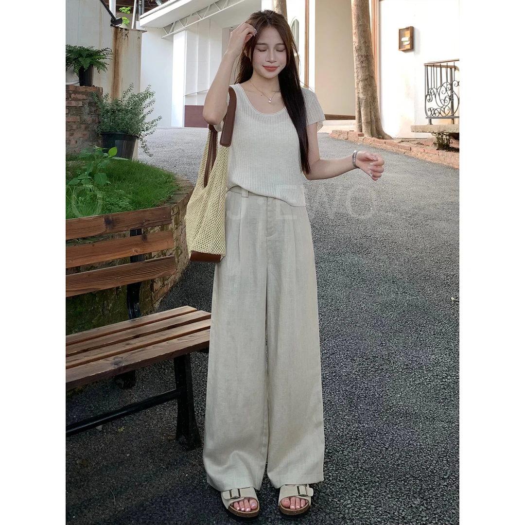 【小爽小个子】夏季亚麻显瘦高腰后松紧休闲百搭宽松休闲裤-2196