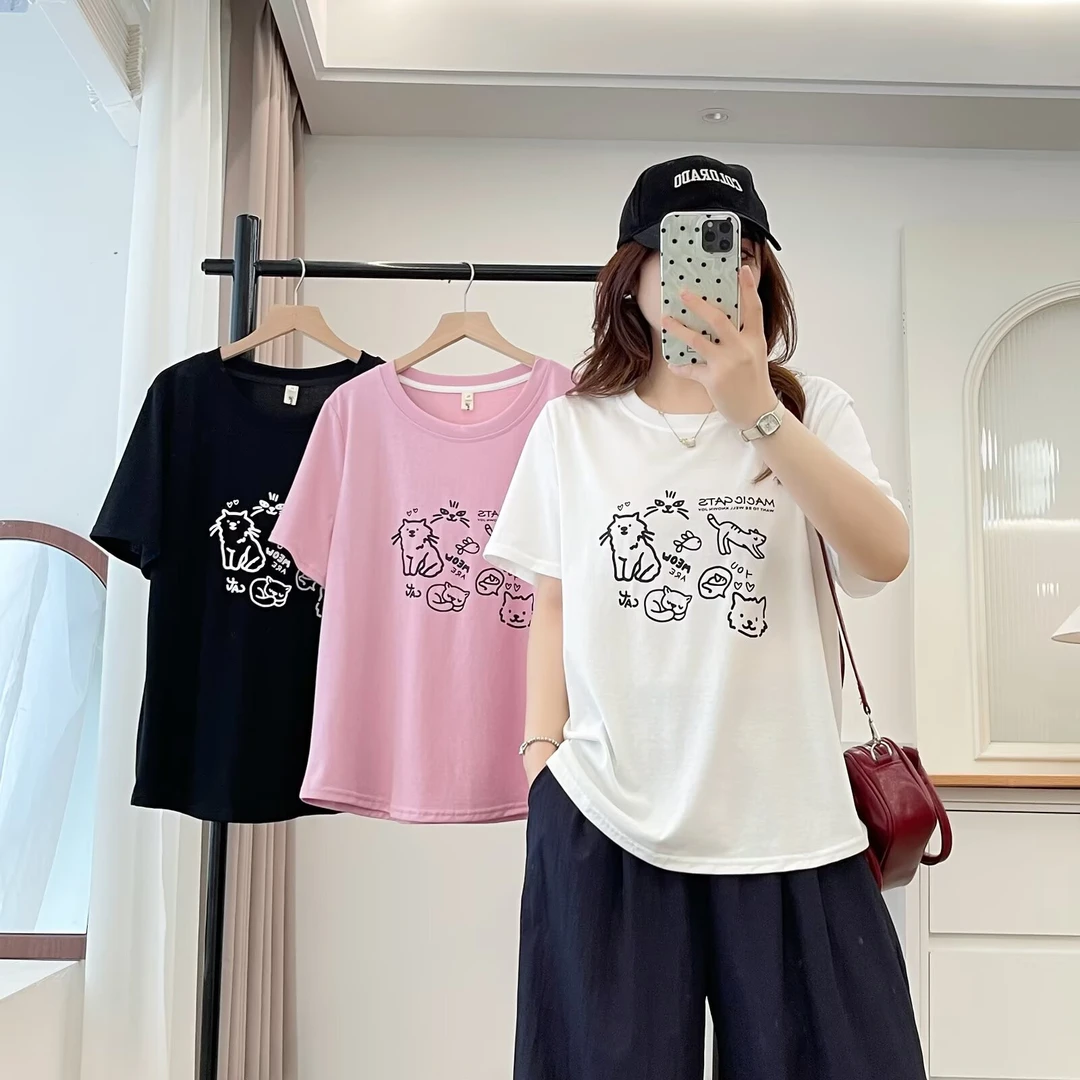 JIANAOBEN/简澳本大码洋气显瘦宽松卡通印花百搭圆领正肩短袖T恤