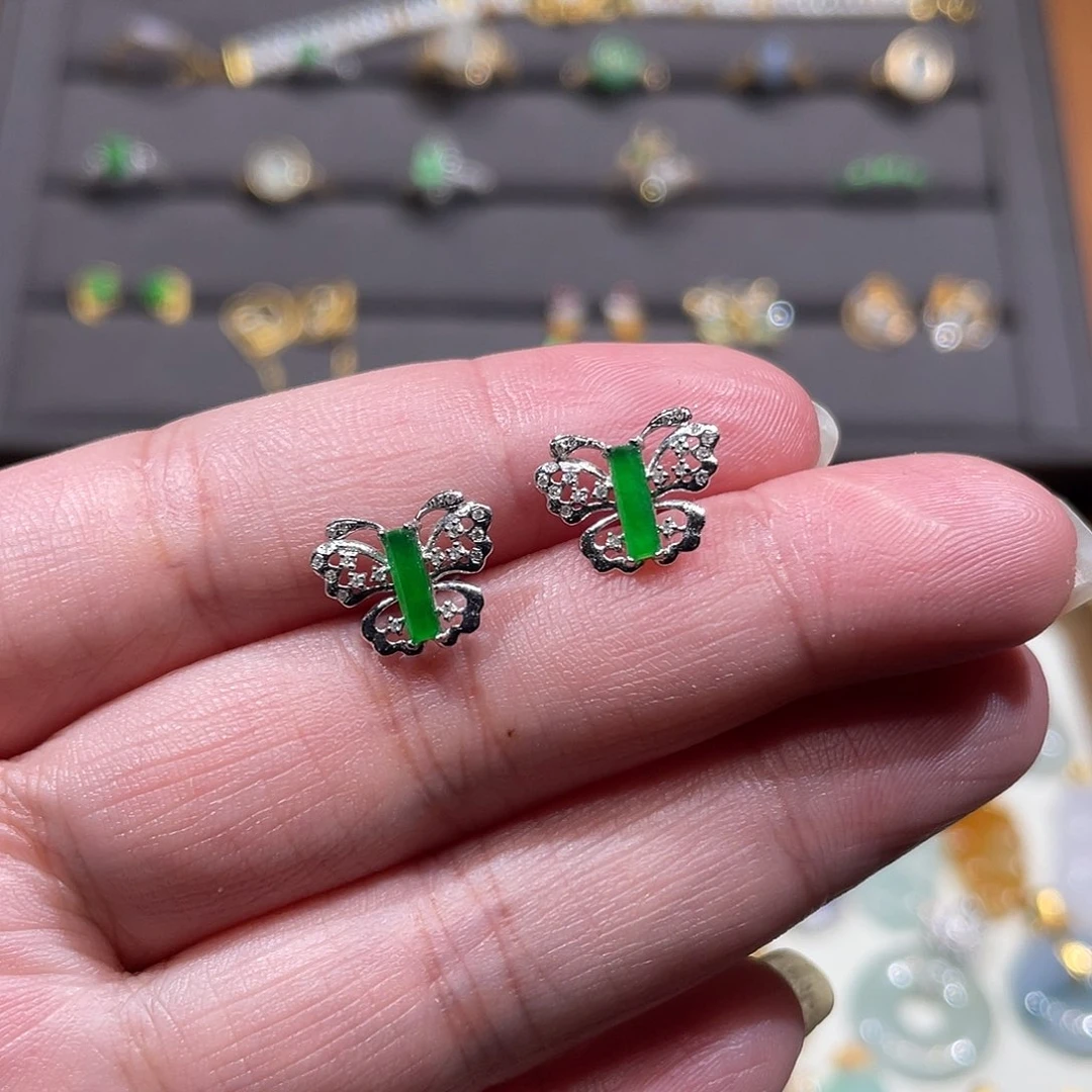 翡翠耳饰18K金镶嵌辣阳绿冰无事柱蝴蝶款