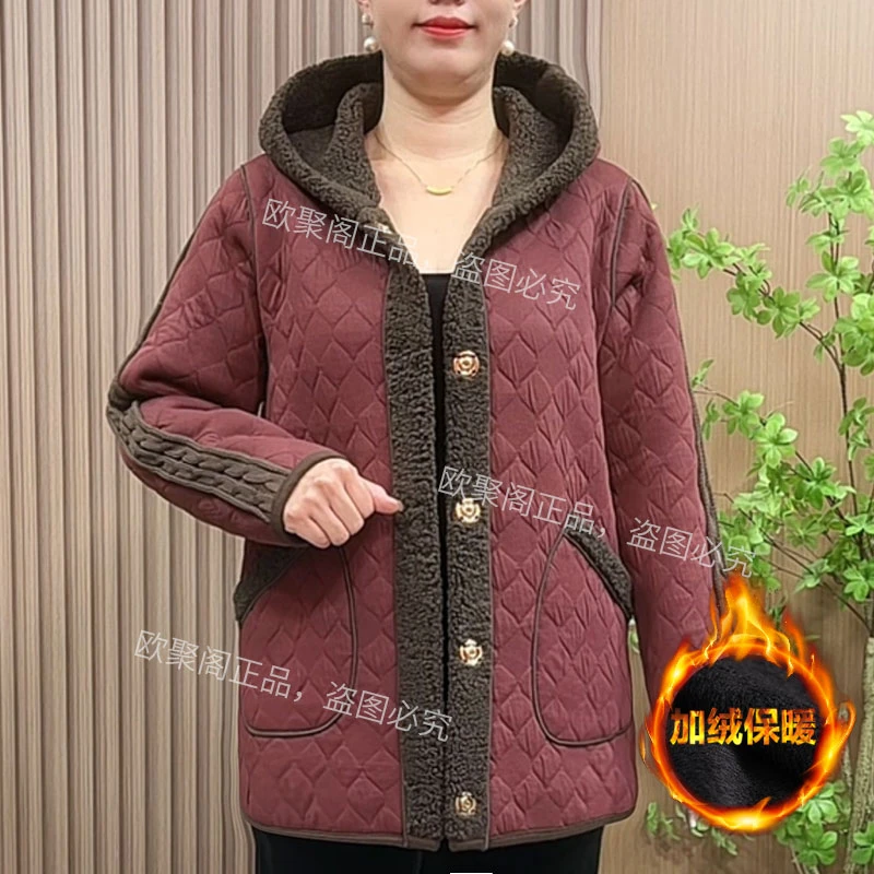 妈妈秋冬时尚连帽宽松外套中老年女装羊羔绒双面穿加厚棉服大衣