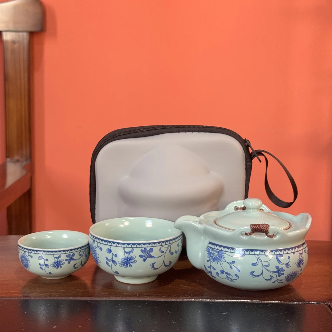 AA71天青太阳花一壶二杯便携式茶壶