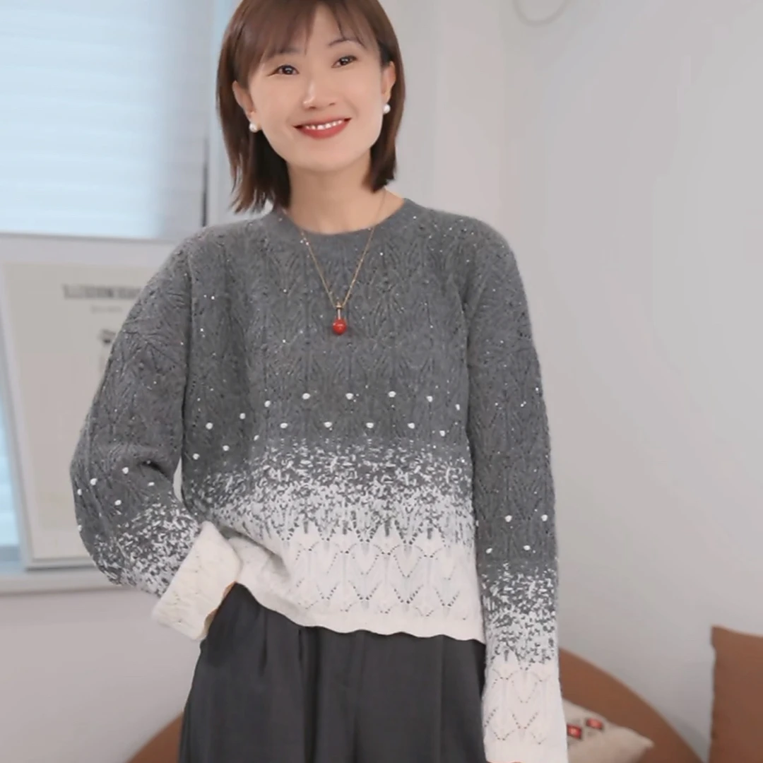雪花 渐变色圆领提花镂空山羊绒毛衣针织衫