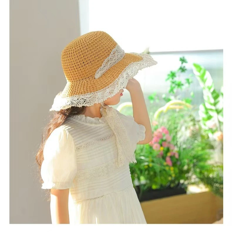 儿童夏季透蕾丝花边渔夫帽薄款防晒遮帽可折叠檐太帽
