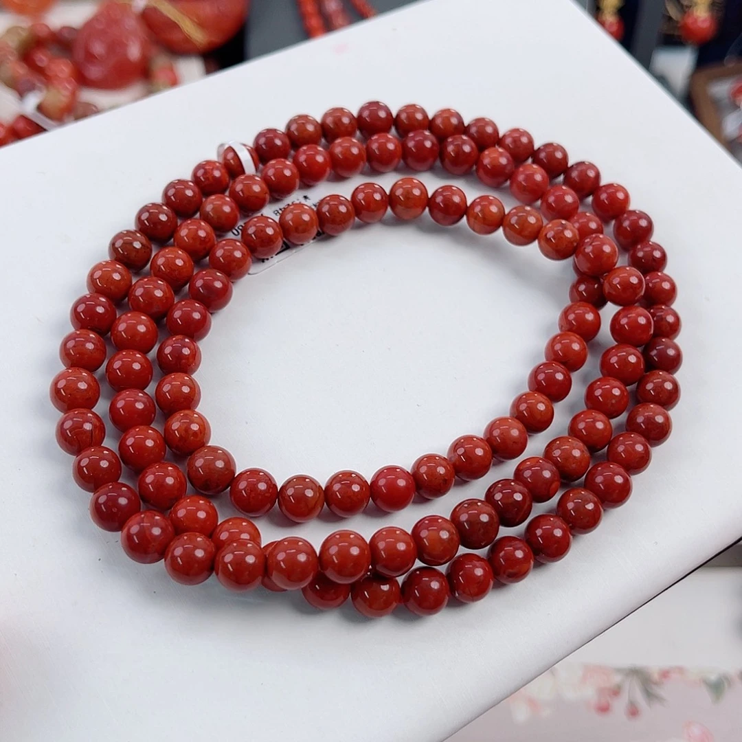 未镶嵌瓦西锦红双色火焰圆珠多圈7mm南红玛瑙