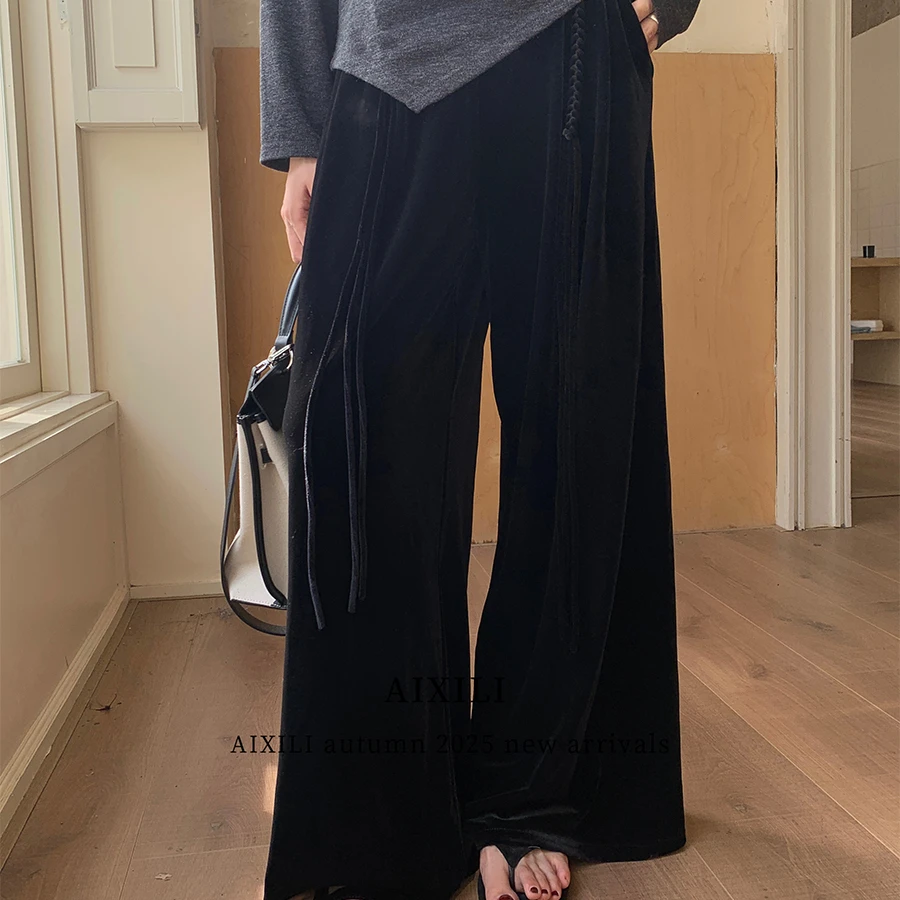 AIXILI爱西里-约气质百搭显瘦垂感丝绒阔腿休闲裤(配腰带)