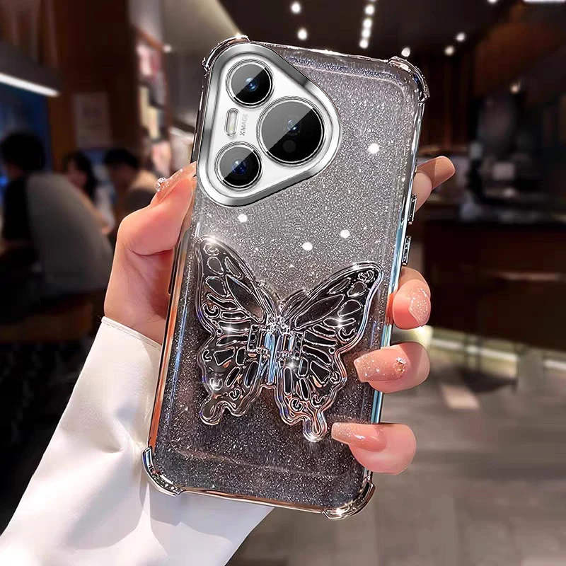 高颜值适用华为pura80pro手机壳四角防摔P80Pro+蝴蝶支架带镜头膜