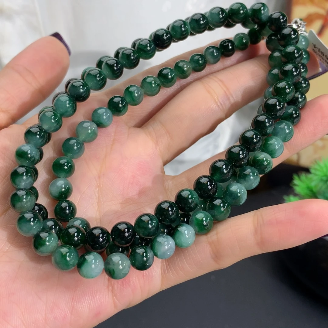 翡翠未镶嵌手串卡6.8胶润绿飘花项链