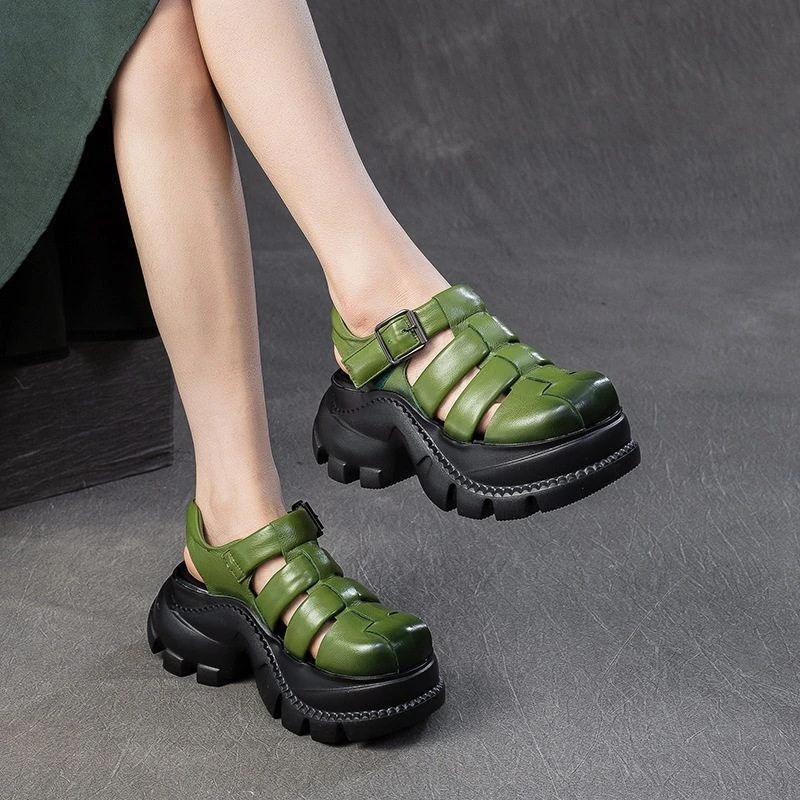 夏季新款通勤编织包头透气镂空厚底凉鞋休闲头层牛皮女鞋