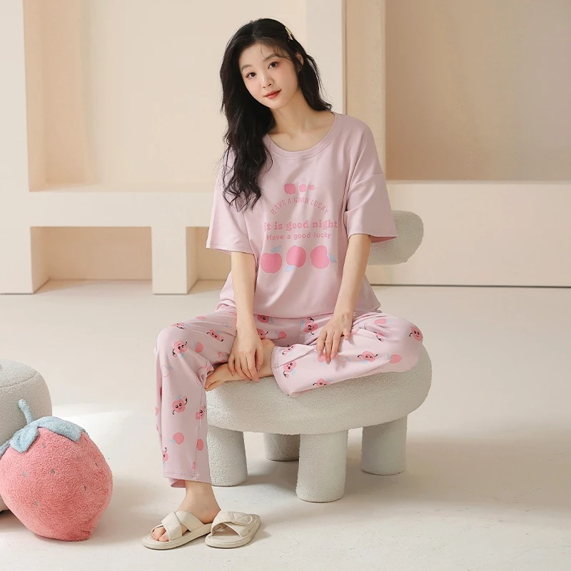 2025新款带胸垫睡衣女春秋季纯棉短袖长裤卡通家居服套装可外穿