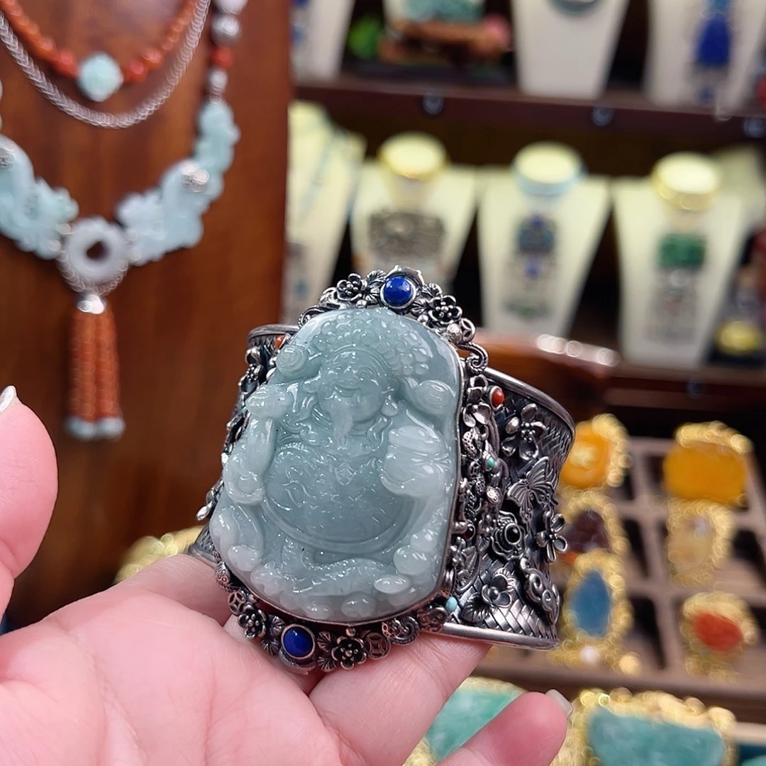 翡翠银S925镶嵌手镯国风