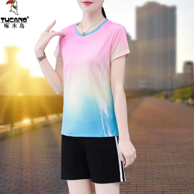 【官方】啄木鸟冰丝运动女夏季2025新款女士短袖短裤速干跑步两件套