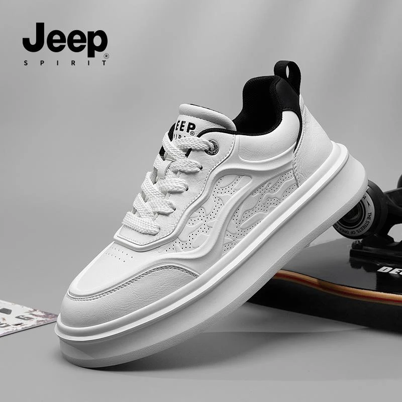 JEEPSPIRIT鞋子男2025春秋款皮面防水休闲运动小白鞋厚底百搭板鞋