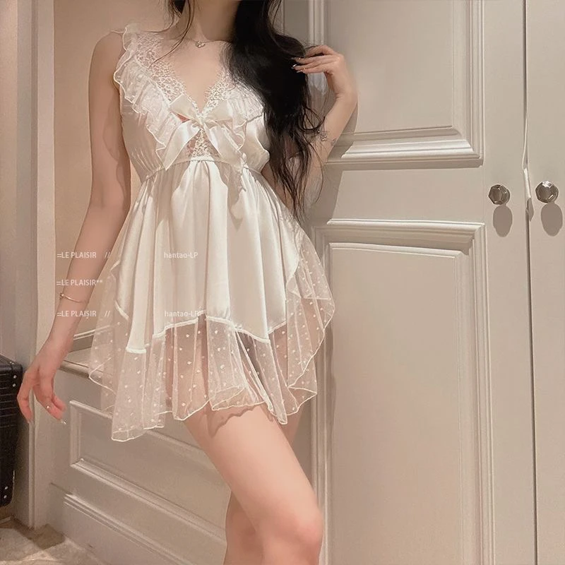 波点网纱睡衣甜美蝴蝶结吊带睡裙套装