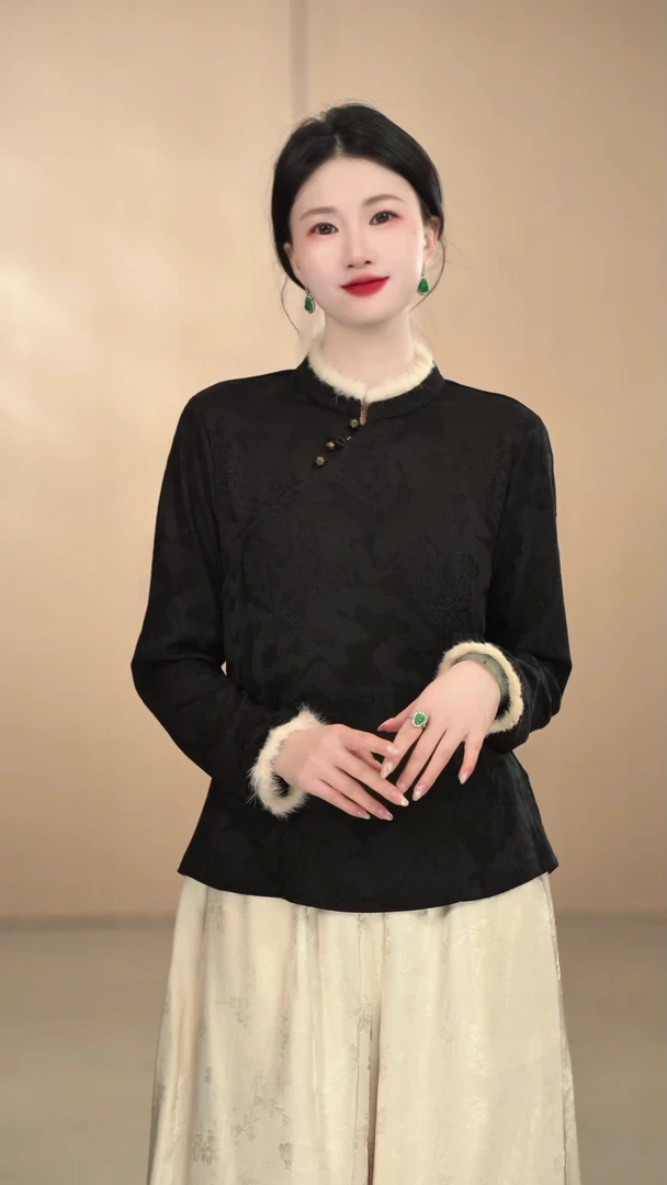 「心境」新中式秋冬款网红立领打底上衣斜襟小衫复古时尚黑色提花