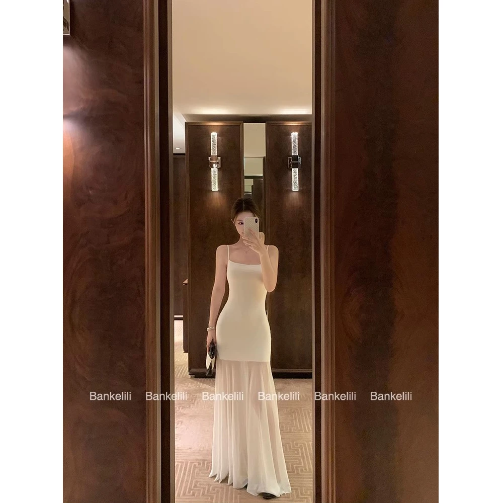 板栗可可 人间coco基础版 白色吊带连衣裙女夏薄网纱裙包臀长裙子