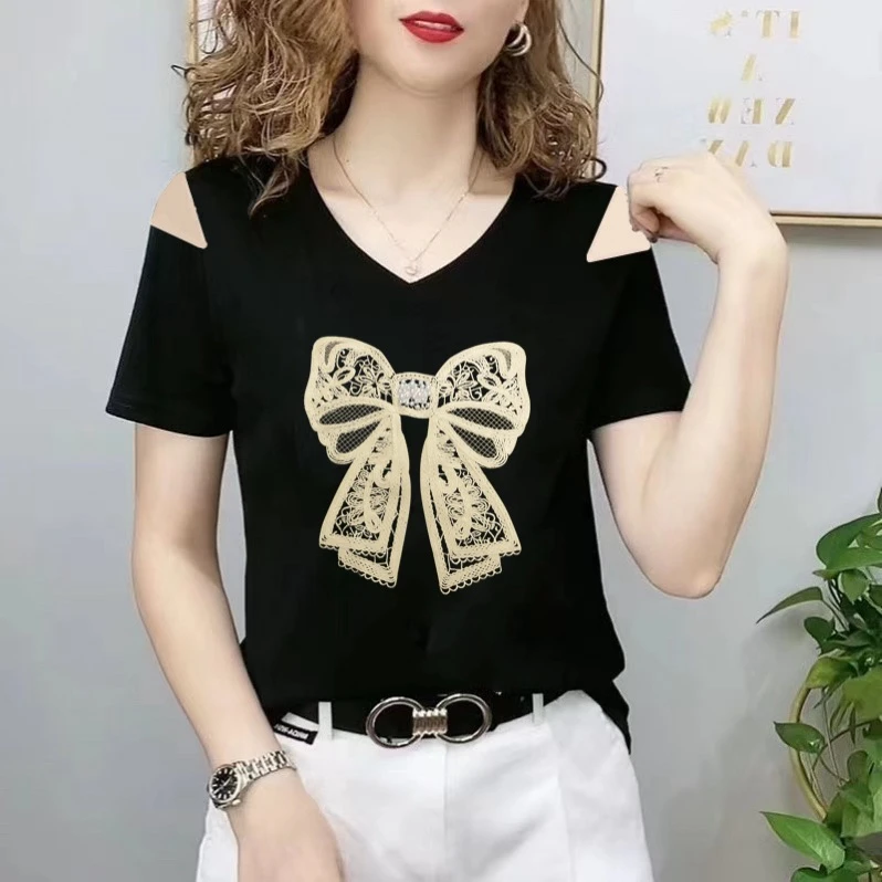 V领短袖t恤女修身夏季时尚女装新款弹力小衫遮肉印花体恤百搭