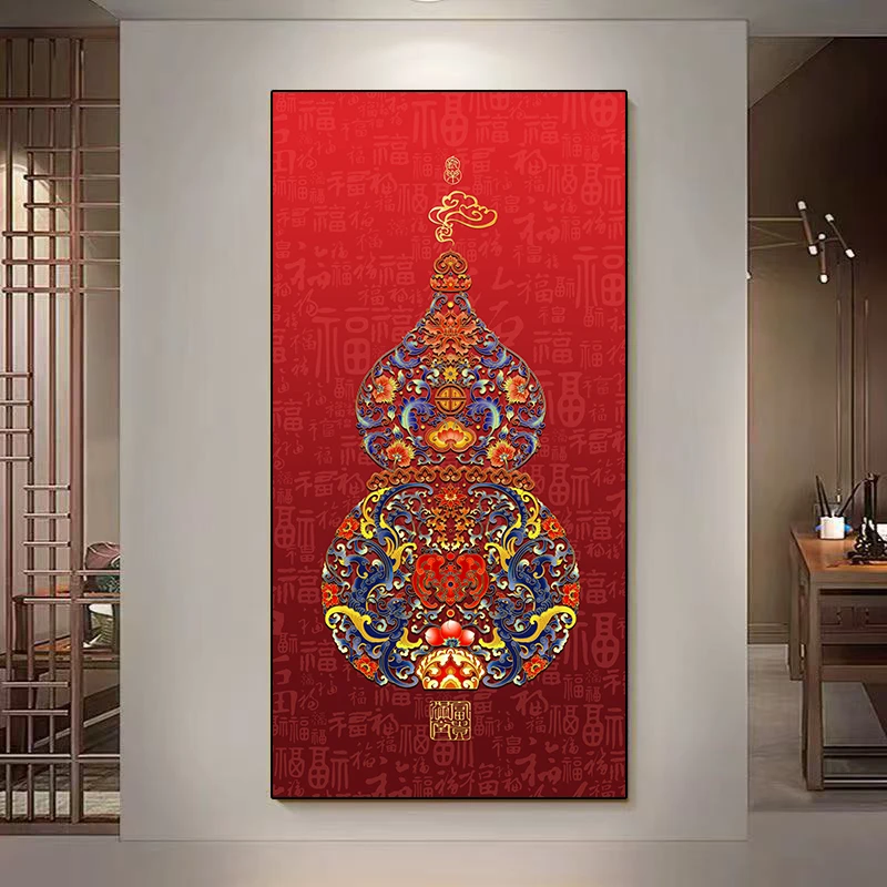 新中式葫芦玄关装饰画福禄寿走廊过道入户墙面挂画客厅玄关砂岩画