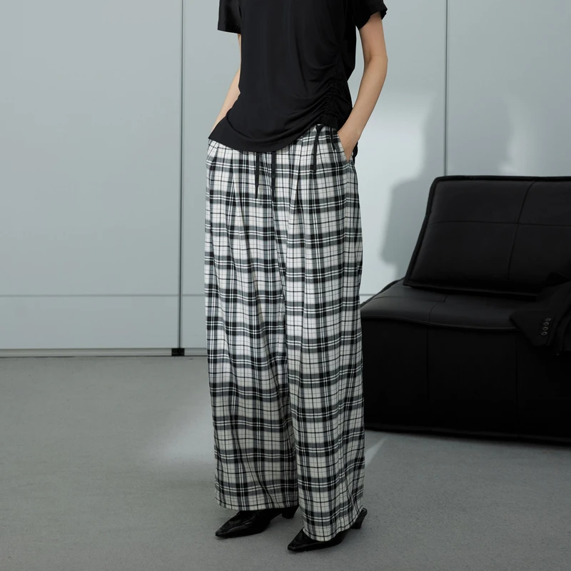 U/TI 抽绳弹力松紧腰复古格纹显瘦轻薄透气抗打皱百搭休闲阔腿裤
