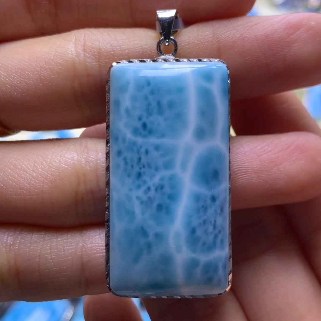 针钠钙石（海纹石）银S925镶嵌吊坠(不含链)无事牌吊坠色差略异