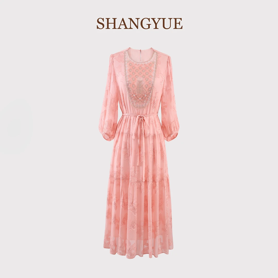 “裳玥丝绸”重工钉珠6A真丝100%桑蚕丝提花V领气质女装连衣裙C052