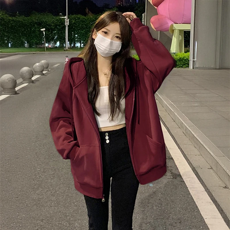 慵懒风酒红色连帽开衫卫衣女2025新款爆款大码秋冬季宽松外套上衣