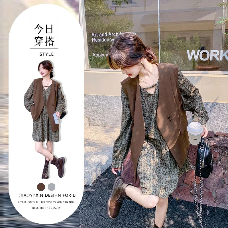 甜酷系长袖印花连衣裙套装女春秋穿搭2025新款时髦马甲裙子两件套