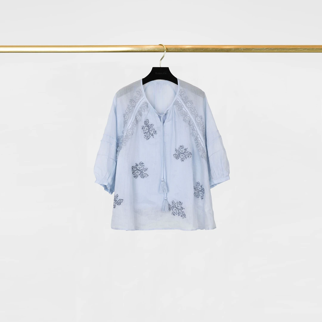 我是摩羯 玫瑰庄园 100支苎麻11万针十字绣流苏系带H型春夏小衫