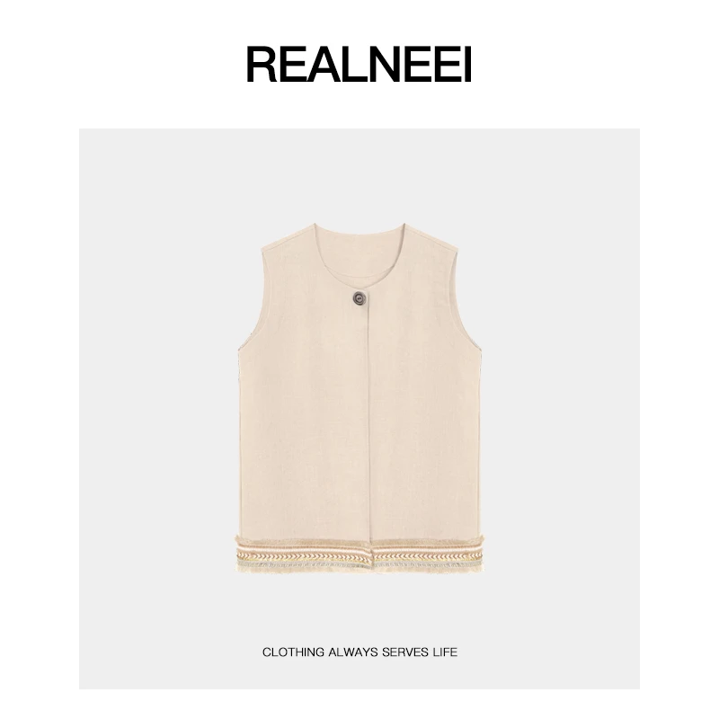 REALNEEI【】老钱松弛感天丝麻重工拼接流苏无袖马甲21672