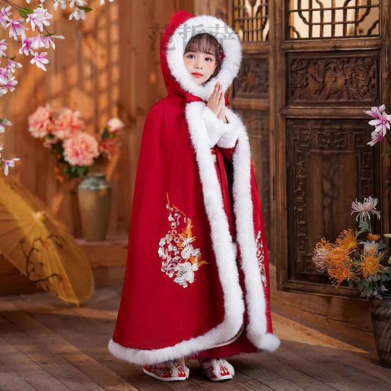 女童冬季喜庆保暖加绒加厚斗篷长版外套中国风女宝超仙汉服披风冬