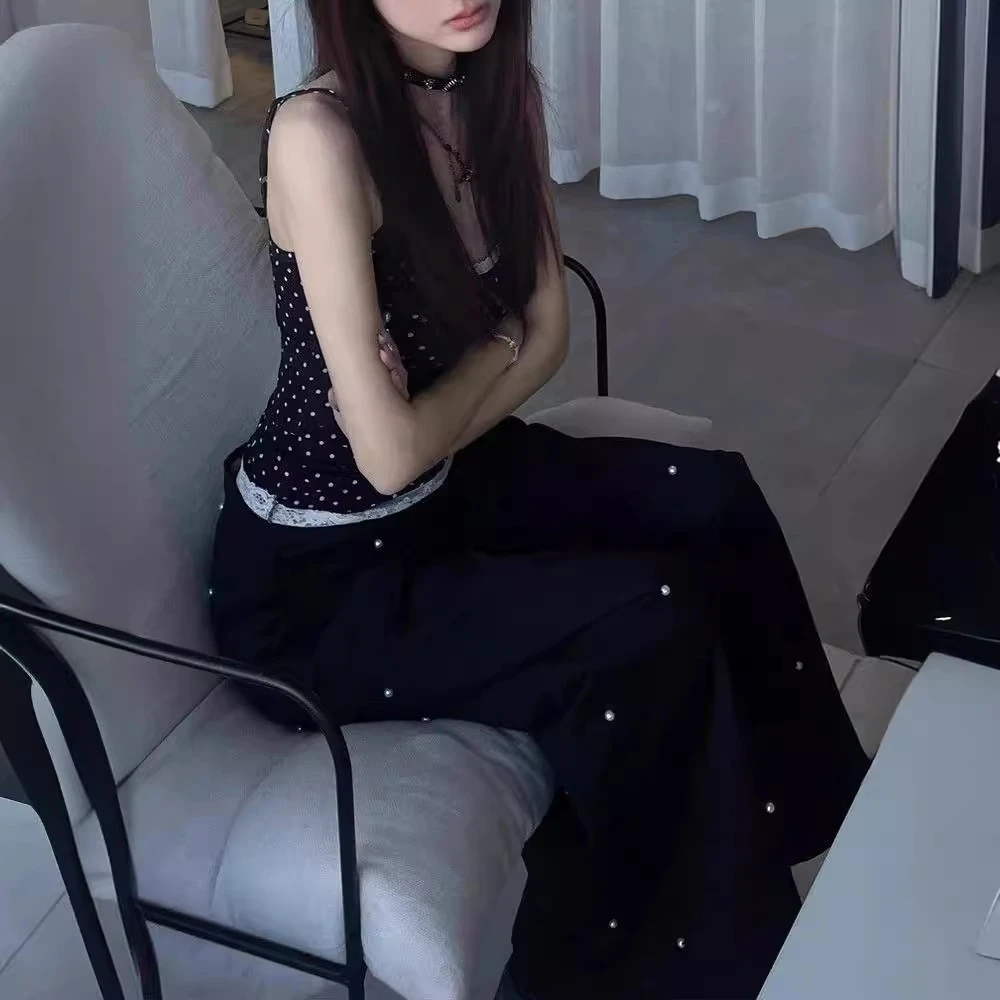 波点吊带背心女夏季新款时尚黑色蕾丝打底修身显瘦短款无袖上衣