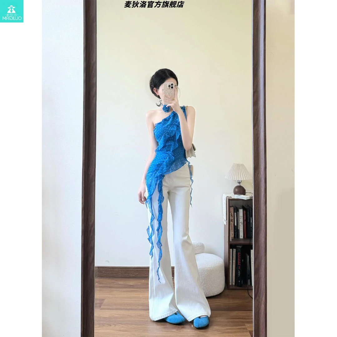 挂脖斜肩上衣波点不规则夏度假多巴胺穿搭外穿雪纺法式高级感吊带