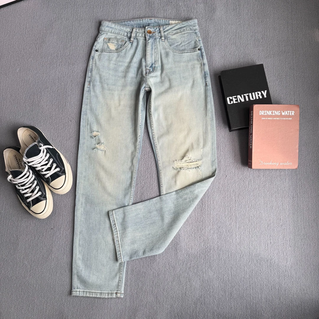 夏季美式vibe裤子高街破洞牛仔裤男款爆款宽松窄牛仔裤男款