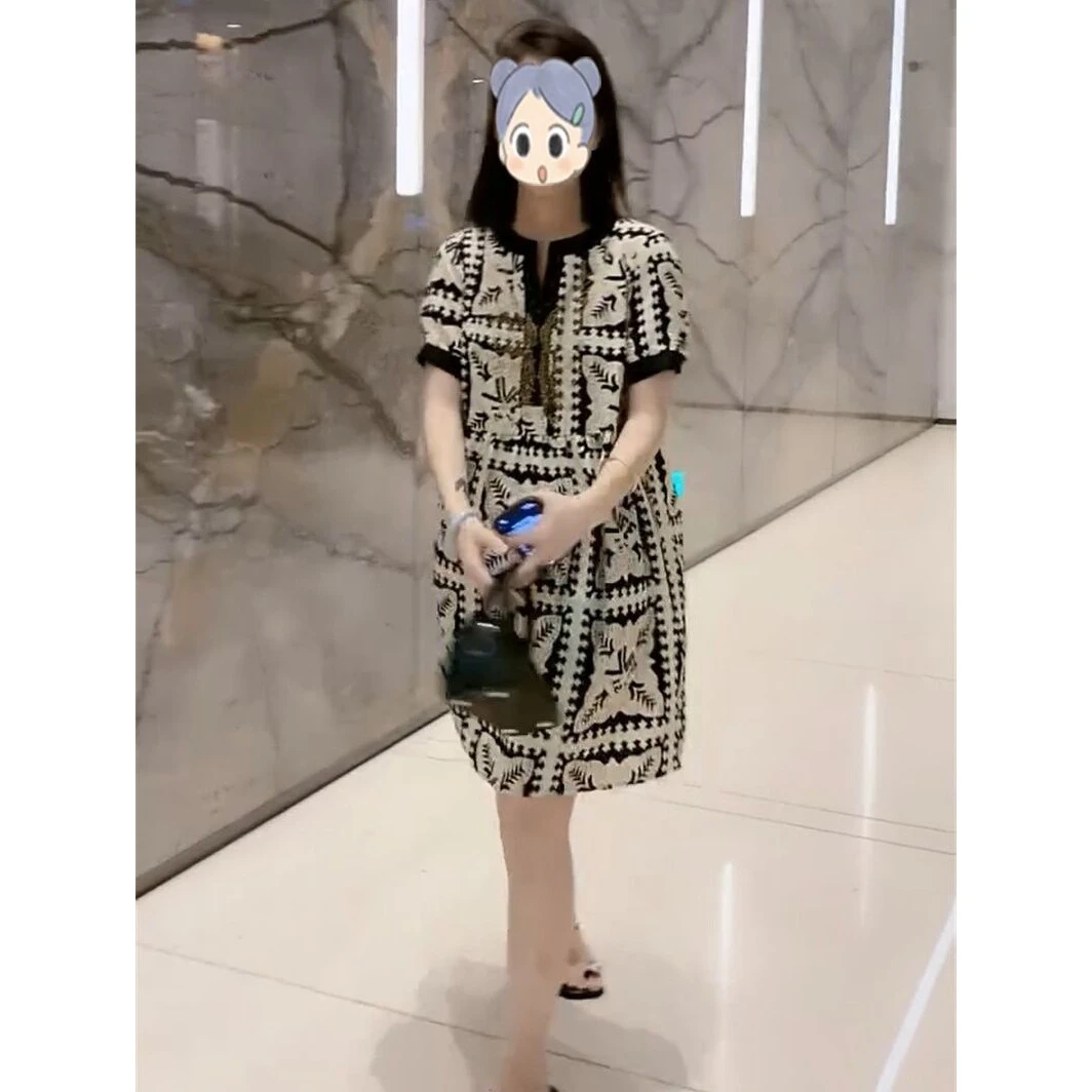 小众设计简约时尚连衣裙女2024夏季新款宽松休闲几何图V领中款裙