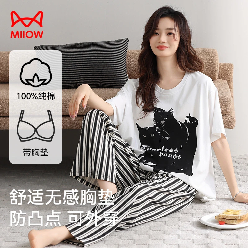 猫人带胸垫睡衣女士夏季纯棉猫咪短袖家居服2025超火四季通用套装