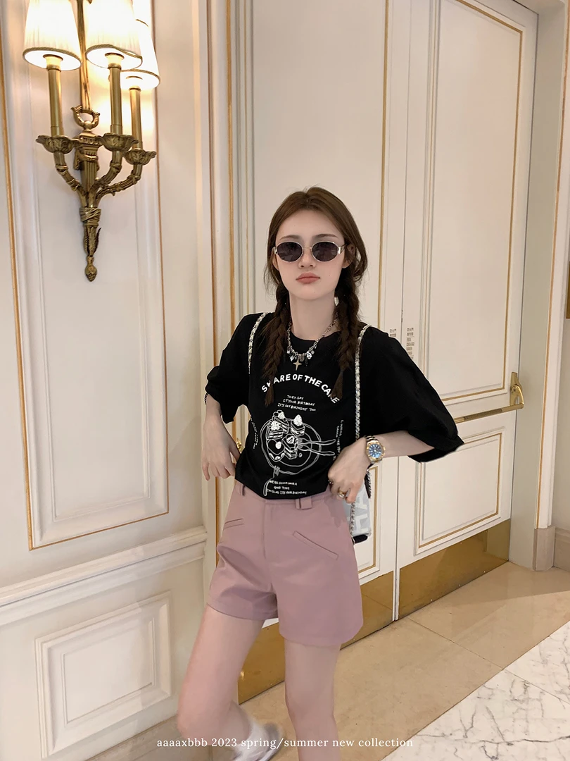 aaaaxbbb 黎麦河 粉墨两色短裤夏季宽松显瘦通勤百搭宽筒裤-折扣