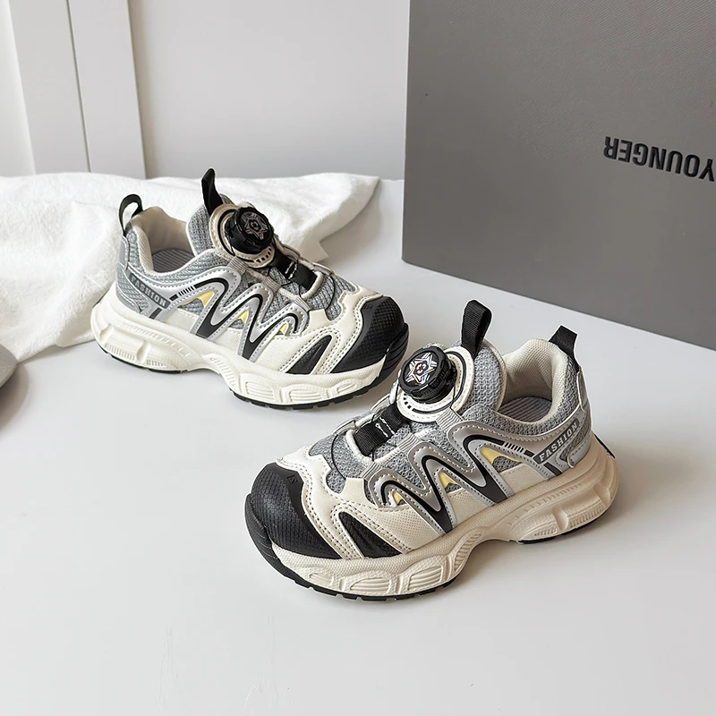 poro儿童旋转纽扣网面运动鞋春秋新款女童轻便软底跑步鞋小学生鞋