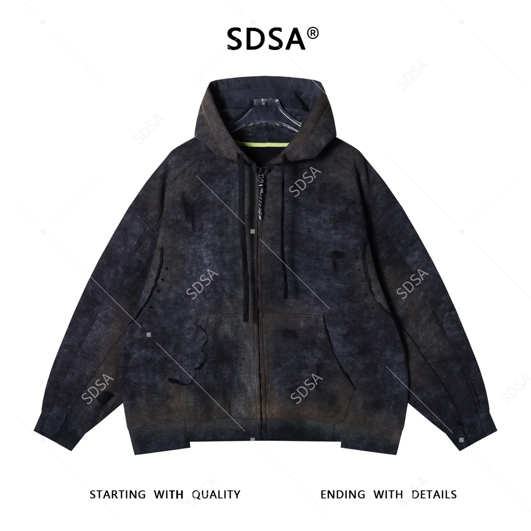 SDSA男士秋冬新款痞帅男装扎染磨破不规则裁剪拉链连帽卫衣外套潮