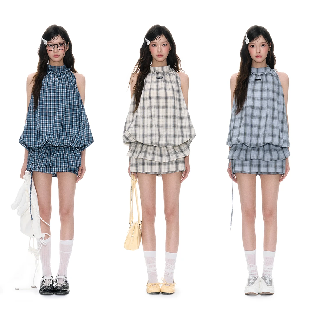 【迪迪swag专属】CyNi芭蕾格纹A字蓬蓬蛋糕拼接双层荷叶边裙裤半裙