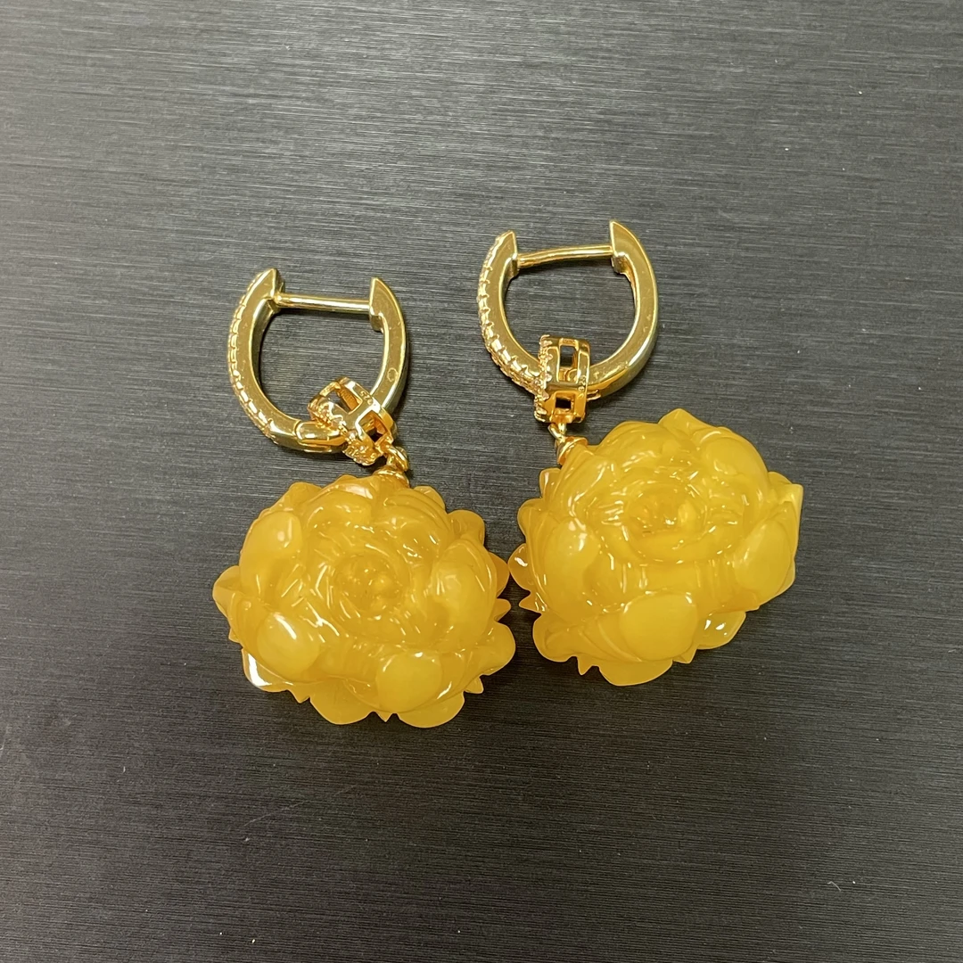 【天香如易】天然琥珀蜜蜡牡丹花耳饰（多样性发货）
