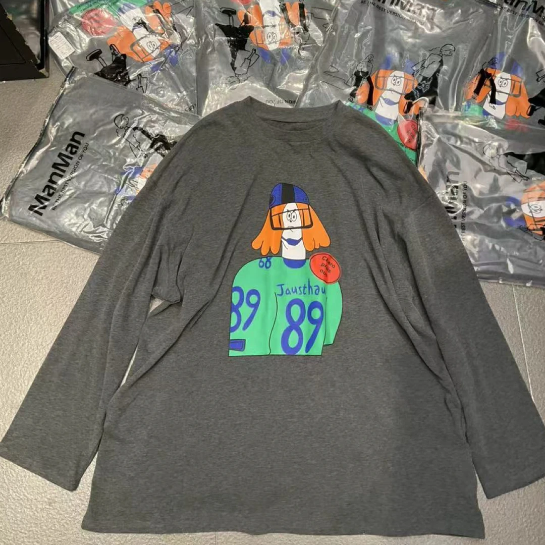 LIN美人女装杂货铺 灰色恶搞小人宽松大码时尚圆领长袖T恤