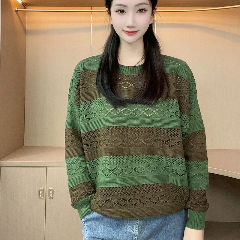 新款毛衣镂空长袖T恤针织衫春季宽松遮肚洋气小衫条纹减龄打底衫